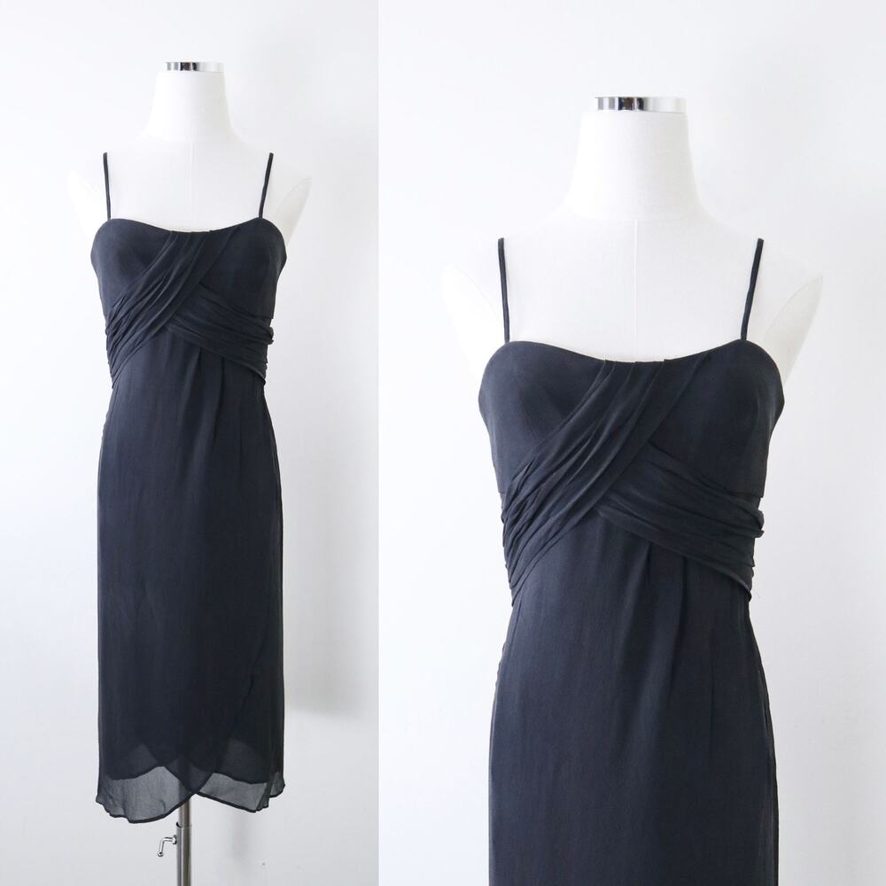 Pianoforte di MaxMara Size 6 Silk Chiffon Draped Mini Dress Slit Leg Black